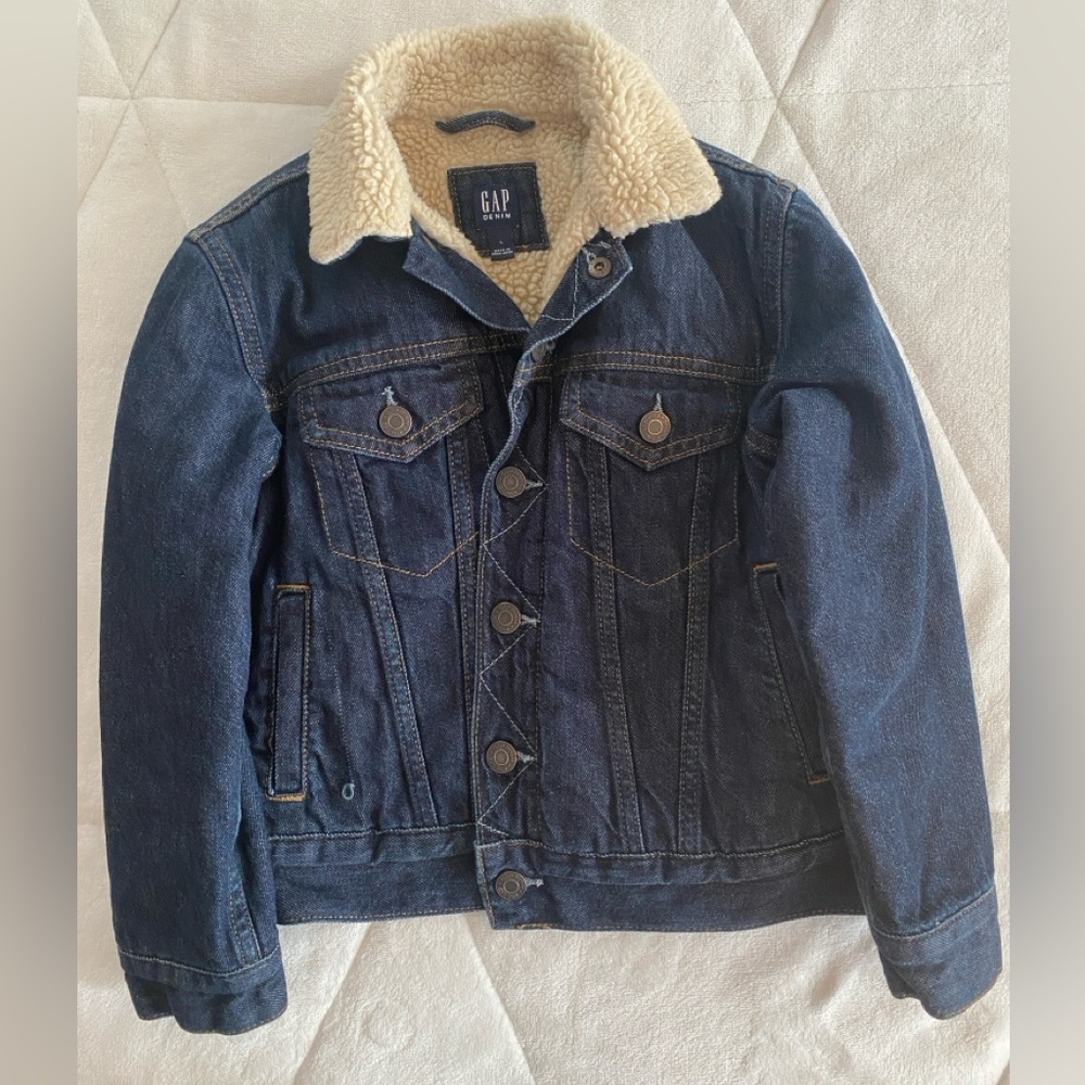 Kids Gap dark denim jacket, sherpa lined